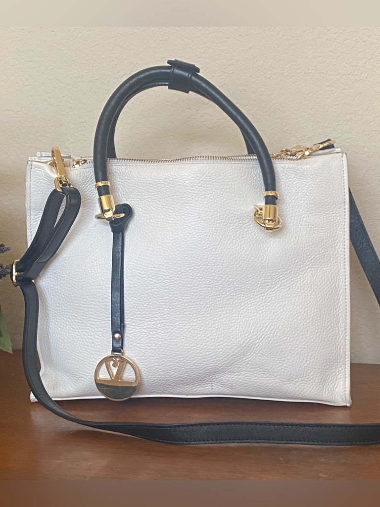 Valentina Italia Black White Pebbled Leather Satchel Crossbody Bag Italy
